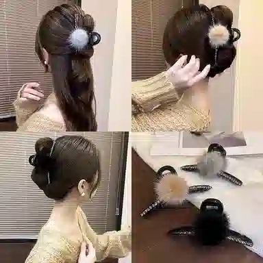 水中玉 秋冬毛球水钻抓夹高级感鲨鱼夹后脑勺盘发发卡头饰 亚克力 发夹  女款