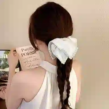 水中玉 白色缎面仿珍珠方巾大肠发圈高级感扎头发橡皮筋发绳头饰 布艺 头绳 女款