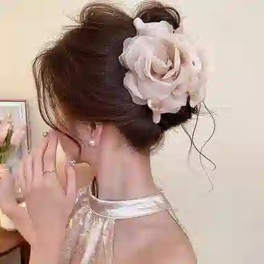 水中玉 法式玫瑰抓夹高级感泡泡花朵发卡后脑勺头发鲨鱼夹头饰 布艺 发夹 女款