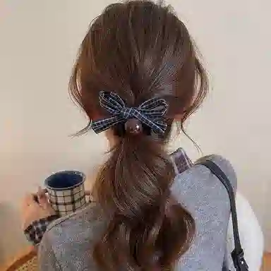 水中玉 格纹蝴蝶结圆珠小肠发圈扎头发绳韩系高马尾丸子头皮筋头饰#好运 布艺 头绳 女款