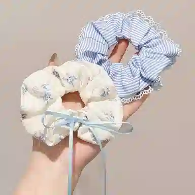 水中玉 蓝色格子蝴蝶结大肠发圈扎头发饰发绳可爱头饰 皮筋 头绳 女款