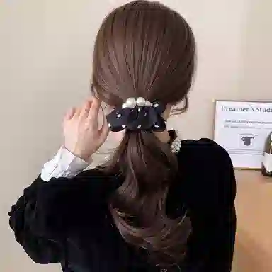 水中玉 温柔气质缎面仿珍珠大肠发圈扎头低马尾丸子头发饰 布艺 头绳 女款