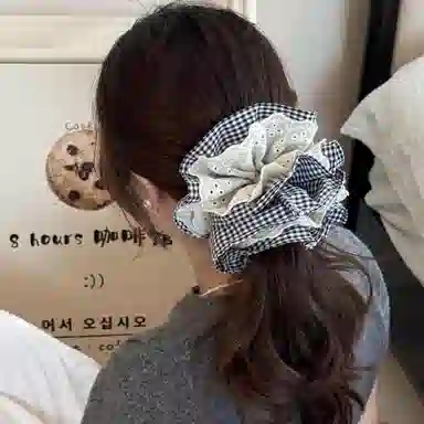 水中玉 韩系花边格子大肠发圈高级感超大号气质丸子头发绳头饰 皮筋 头绳 女款