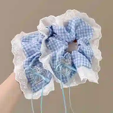 水中玉 蓝色格子蝴蝶结蕾丝方巾大肠发圈扎头发绳可爱甜美发饰 布艺 头绳 女款