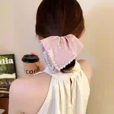 水中玉 白色缎面仿珍珠方巾大肠发圈高级感扎头发橡皮筋发绳头饰 布艺 头绳 女款