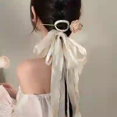 水中玉 山茶花蝴蝶结流苏飘带簪子女新中式盘发发钗汉服旗袍配饰发卡 发簪 女款