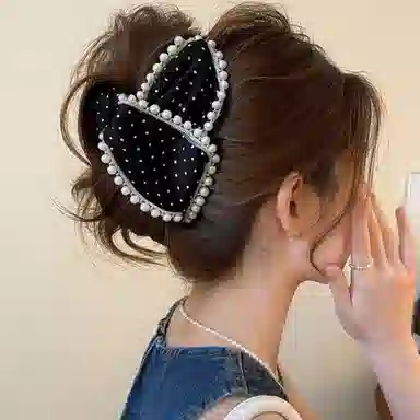 水中玉 黑色波点防珍珠抓夹高级感后脑勺盘发发卡鲨鱼夹夹子头饰 亚克力 发夹 女款