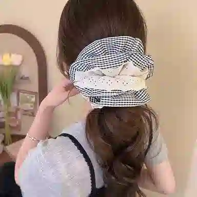 水中玉 韩系花边格子大肠发圈高级感超大号气质丸子头发绳头饰 皮筋 头绳 女款