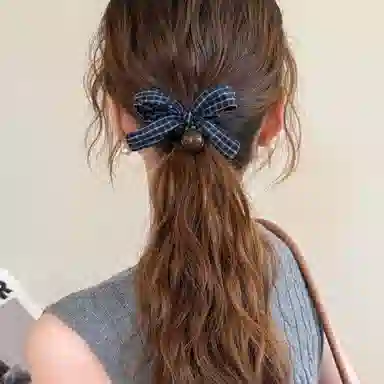 水中玉 格纹蝴蝶结圆珠小肠发圈扎头发绳韩系高马尾丸子头皮筋头饰#好运 布艺 头绳 女款