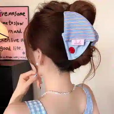 水中玉 韩系蓝色条纹纽扣后脑勺盘发气质鲨鱼 亚克力 发夹 女款