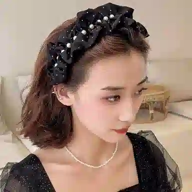 水中玉 高级感褶皱闪钻仿珍珠宽边高颅顶压发发卡发捆头箍头饰 亚克力 发箍 女款