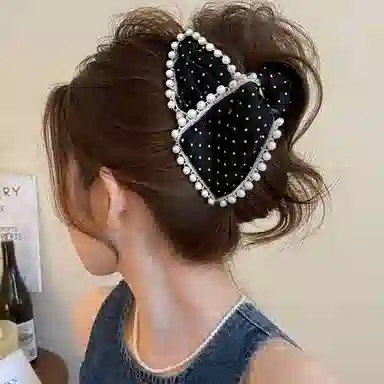 水中玉 黑色波点防珍珠抓夹高级感后脑勺盘发发卡鲨鱼夹夹子头饰 亚克力 发夹 女款