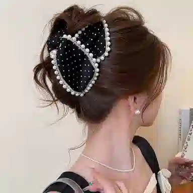 水中玉 黑色波点防珍珠抓夹高级感后脑勺盘发发卡鲨鱼夹夹子头饰 亚克力 发夹 女款