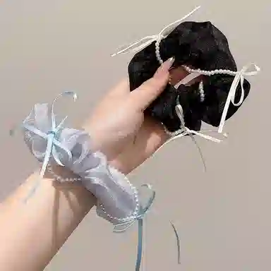 水中玉 温柔缎面蝴蝶结网纱大肠发圈扎头发绳慵懒风高弹力头饰 皮筋 头绳 女款