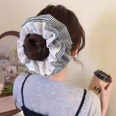 水中玉 韩系花边格子大肠发圈高级感超大号气质丸子头发绳头饰 皮筋 头绳 女款