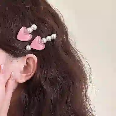 水中玉 超仙爱心仿珍珠发卡高级感侧边碎发刘海夹可爱少女夹子头饰 合金 发夹 女款