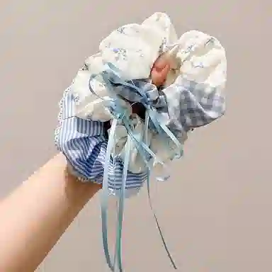 水中玉 蓝色格子蝴蝶结大肠发圈扎头发饰发绳可爱头饰 皮筋 头绳 女款