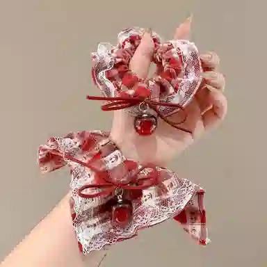 水中玉 樱桃蕾丝蝴蝶结格子方巾大肠发圈发饰扎头发绳头饰 皮筋 头绳 女款