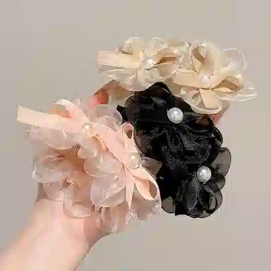 水中玉 仿珍珠网纱花朵蝴蝶抓夹后脑勺盘发鲨鱼夹气质发卡头饰 亚克力 发夹 女款