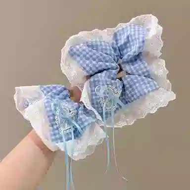 水中玉 蓝色格子蝴蝶结蕾丝方巾大肠发圈扎头发绳可爱甜美发饰 布艺 头绳 女款