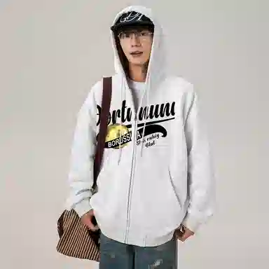 普鲁士多特蒙德 复古时尚美式重磅花体金球印花图案字母格子拼接长袖落肩抽绳舒适宽松百搭开衫防风户外运动出行连帽卫衣 男女同款