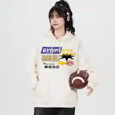普鲁士多特蒙德 经典高街美式街头复古拼接格子条纹字母图案印花日常百搭休闲运动时尚重磅纯色高级感落肩连抽绳无性别主义套头长袖卫衣 男女同款