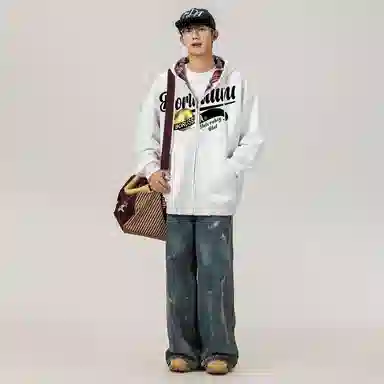 普鲁士多特蒙德 复古时尚美式重磅花体金球印花图案字母格子拼接长袖落肩抽绳舒适宽松百搭开衫防风户外运动出行连帽卫衣 男女同款