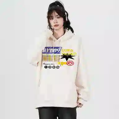 普鲁士多特蒙德 经典高街美式街头复古拼接格子条纹字母图案印花日常百搭休闲运动时尚重磅纯色高级感落肩连抽绳无性别主义套头长袖卫衣 男女同款