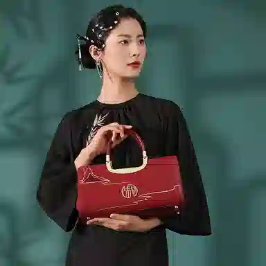 古伊西 云山绵延新中式大气妈妈包 中国风刺绣工艺 牛皮 红色结婚新娘包高级感婚礼手提包 中号 女款 开门红