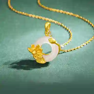 中国珠宝 平安扣荷花锁骨链 新中式国潮复古设计 福运经典东方古韵幸福美满  精致轻奢高级贵气小众设计感饰品 玉髓 玉石项链 女款