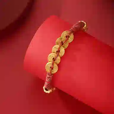 【一夜暴富】 老福黄金 五帝钱碎银子手饰 精致时尚国潮新中式 招财纳福平安健康 手工编织绳转运红绳#好运 合金 手链 女款