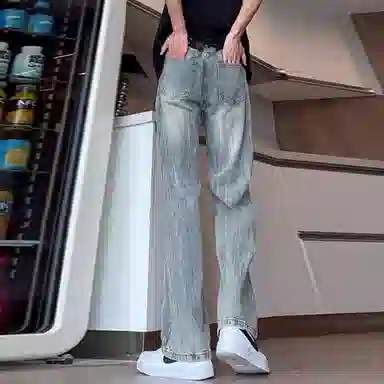 虫小绿 美式高街复古潮流宽松百搭破洞水洗休闲运动裤集多种设计元素于一身牛仔裤 男女同款