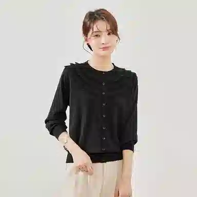 曲韩 纯色百搭花边单排扣开衫气质长袖针织衫 女款