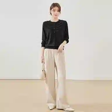 曲韩 纯色百搭花边单排扣开衫气质长袖针织衫 女款