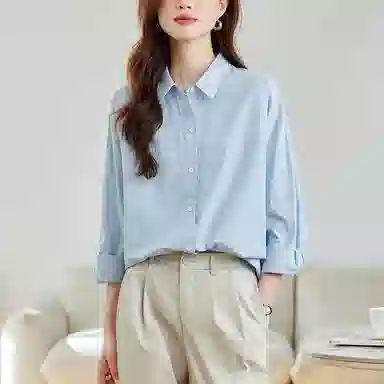 曲韩 翻领宽松休闲上衣百搭通勤纯棉春季长袖衬衫 女款 浅水蓝