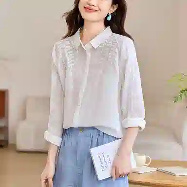 曲韩 翻领刺绣宽松上衣简约通勤轻薄苎麻长袖春季衬衫 女款