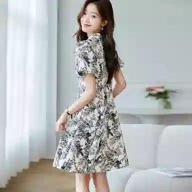 曲韩 新中式国风收腰旗袍裙子时尚复古印花显瘦夏季短袖连衣裙 女款 花色