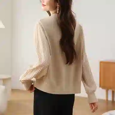曲韩 复古菱格钉珠上衣超好看百搭显瘦圆领长袖春季针织衫 女款 杏色