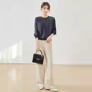 曲韩 纯色百搭花边单排扣开衫气质长袖针织衫 女款