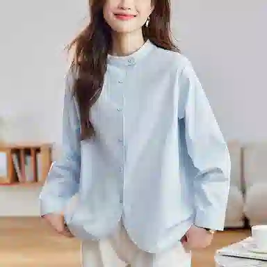 曲韩 慵懒风宽松纯色长袖衬衫 女款 云水蓝