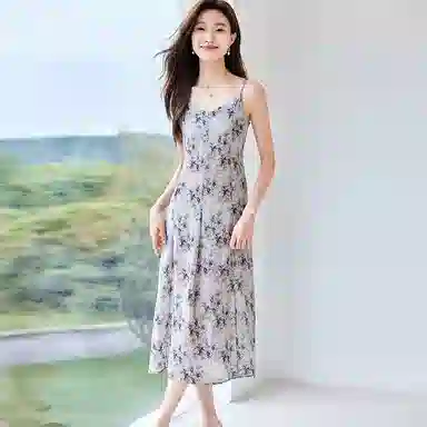 曲韩 收腰显瘦碎花中长裙子气质高级感夏季吊带连衣裙 女款 花色