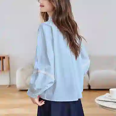 曲韩 法式木耳花边立领宽松上衣气质优雅减龄纯棉长袖春季衬衫 女款