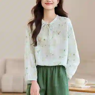 曲韩 小清新系带碎花宽松上衣文艺复古舒适苎麻长袖春季衬衫 女款 浅绿