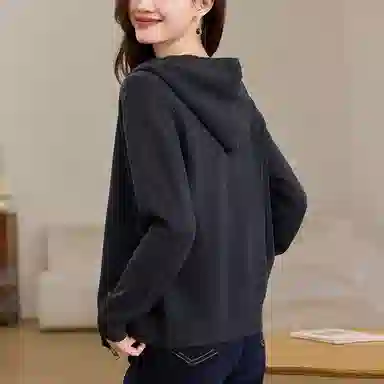 曲韩 时尚简约烫钻短款开衫外套连帽宽松长袖春秋针织衫 女款