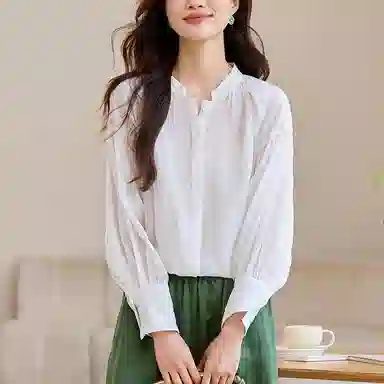 曲韩 刺绣褶皱立领显瘦小衫上衣高级感宽松苎麻长袖春季衬衫 女款