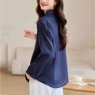 曲韩 翻领刺绣宽松上衣简约通勤轻薄苎麻长袖春季衬衫 女款