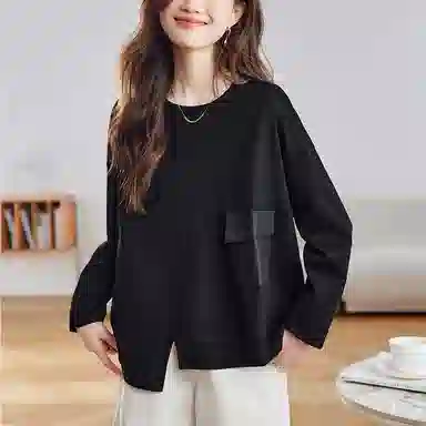 曲韩 不规则口袋落肩袖上衣时尚宽松显瘦圆领长袖春季卫衣 女款 暗夜黑