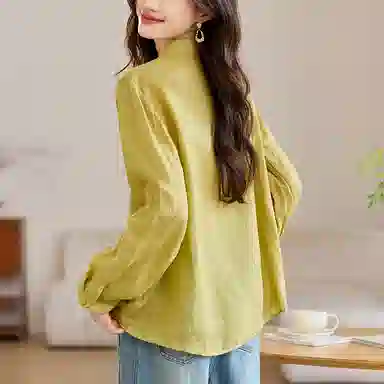 曲韩 翻领重工刺绣显瘦上衣气质文艺减龄苎麻长袖春季衬衫 女款