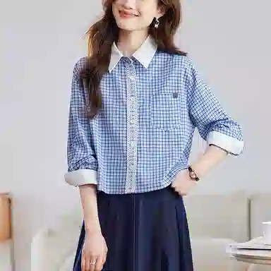 曲韩 翻领蕾丝短款上衣韩版百搭纯棉格子春季长袖衬衫 女款 蓝格子