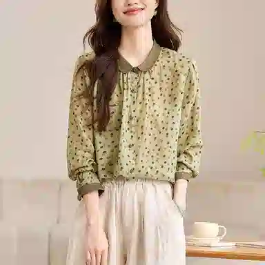 曲韩 翻领撞色波点印花上衣复古减龄显瘦苎麻春季长袖衬衫 女款